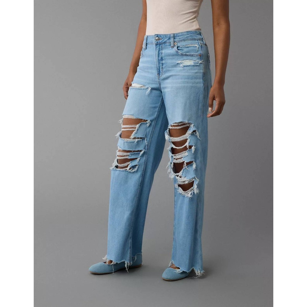 American Eagle Dreamy Drape Stretch Ripped Baggy Wide Leg Jeans 18 Short